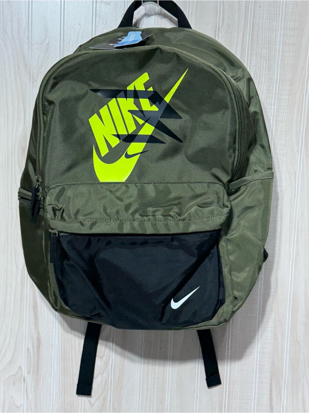 Nike Olive Green and Neon Yellow Logo Backpack with Black Pocket